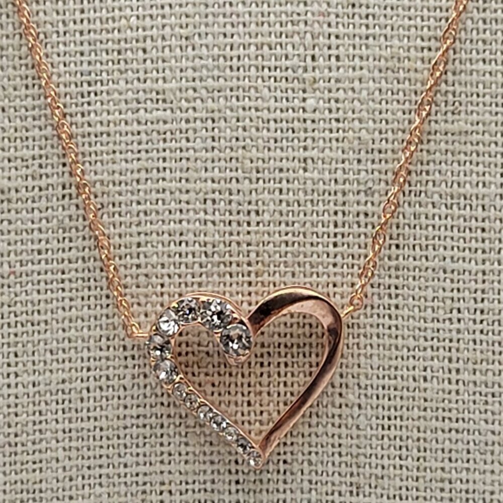 Vtg.  SU CH CZ Crystal Heart Necklace Rose Gold Over Sterling Silver  20.5 In